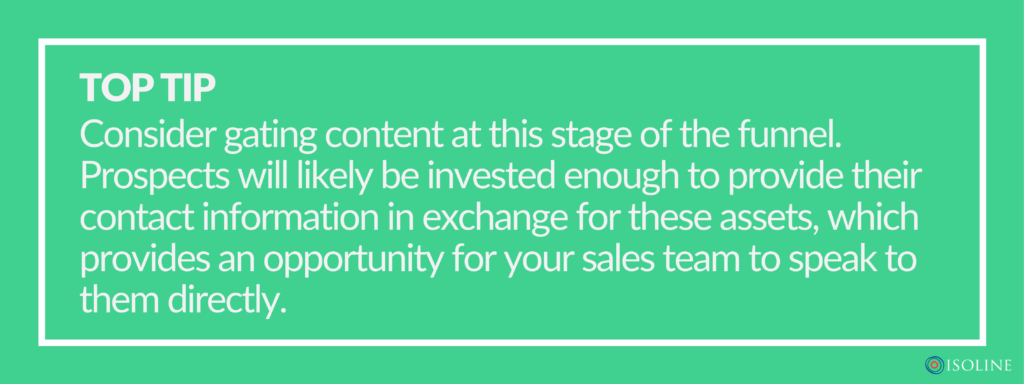 Consider gating content at this stage of the funnel. Prospects will likely be invested enough to provide their contact information in exchange for these assets, which provides an opportunity for your sales team to speak to them directly.