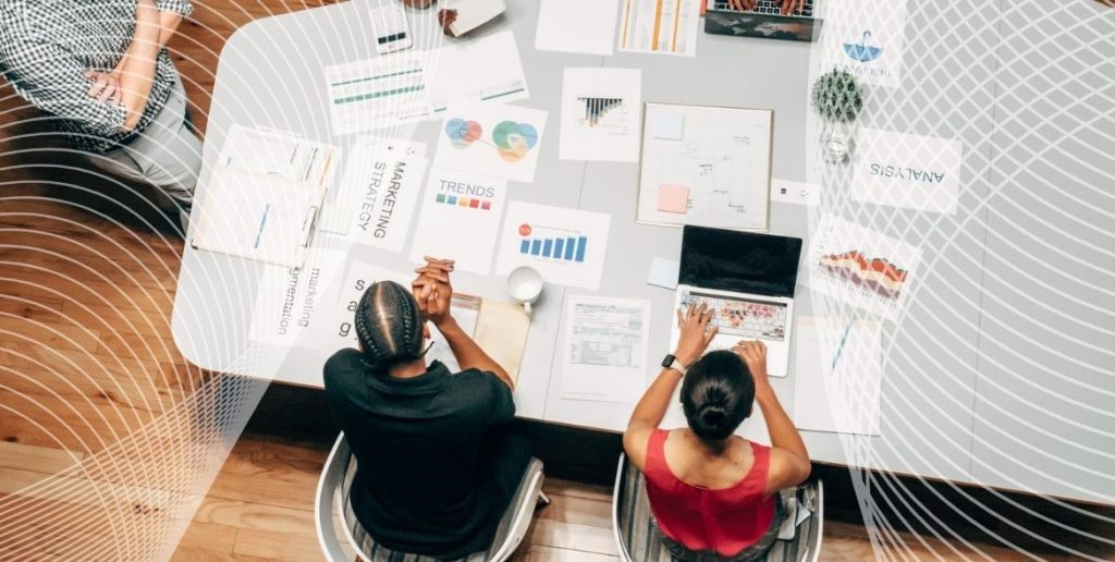 Birds eye view of people working in an office