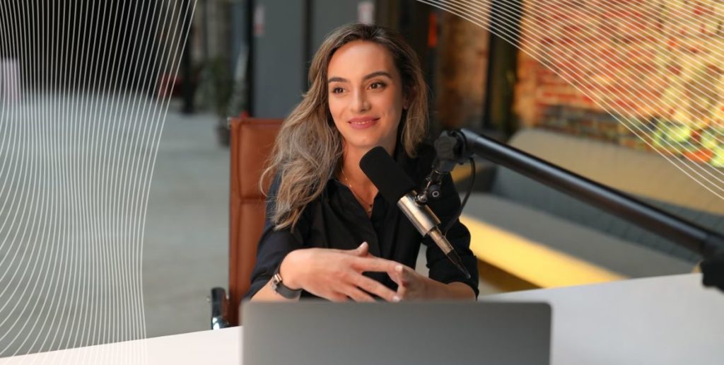 Woman using a microphone